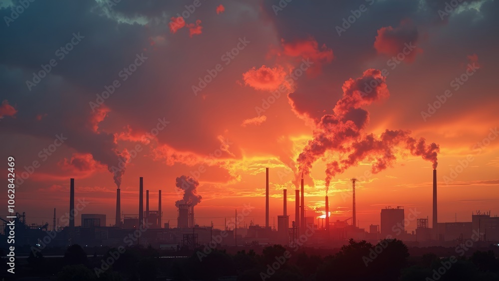 Dramatic industrial sunset with smoky skies over factory landscape Dramatic industrial sunset with smoky skies over factory landscape