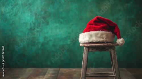 Santa cap draped over a small stool on a green background, front view. photo