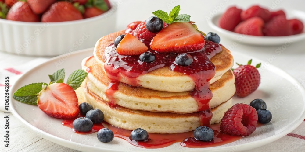 A Stack of Fluffy Pancakes Drizzled with Sweet Red Berry Sauce and Topped with Fresh Berries and Mint A Stack of Fluffy Pancakes Drizzled with Sweet Red Berry Sauce and Topped with Fresh Berries and Mint
