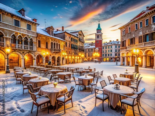 Venice's Piazza transforms, bar tables draped in snow, a winter wonderland.