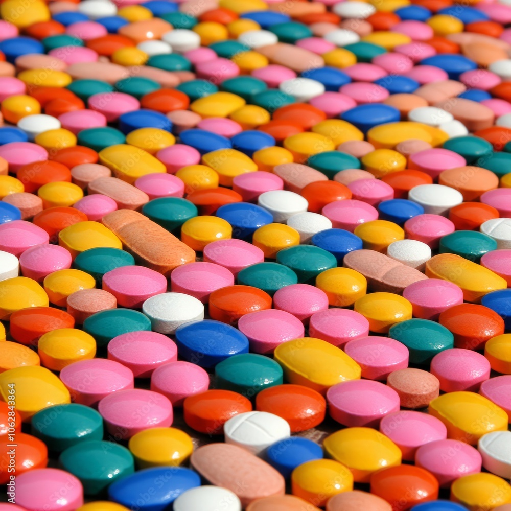 Colorful pills arranged in rows on a flat surface. Colorful pills arranged in rows on a flat surface.