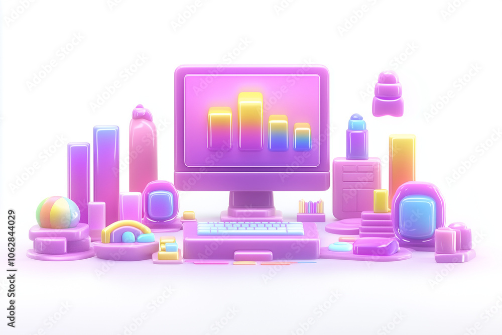 Vibrant 3D illustration of a computer with colorful bar charts. Vibrant 3D illustration of a computer with colorful bar charts.