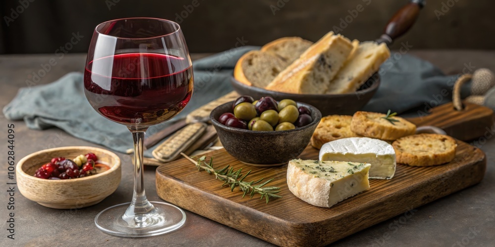 A Rustic Tabletop Arrangement Featuring a Glass of Red Wine, Cheese, Olives, Bread, and Herbs A Rustic Tabletop Arrangement Featuring a Glass of Red Wine, Cheese, Olives, Bread, and Herbs