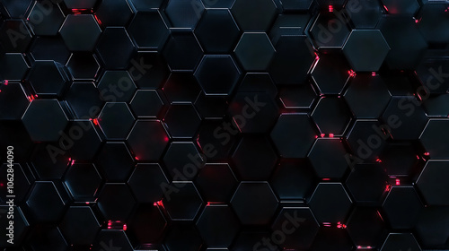 Abstract geometric pattern of black hexagons on dark background - digital art for futuristic, sci-fi, or technology themes  3D black honeycomb illustration to use as background  