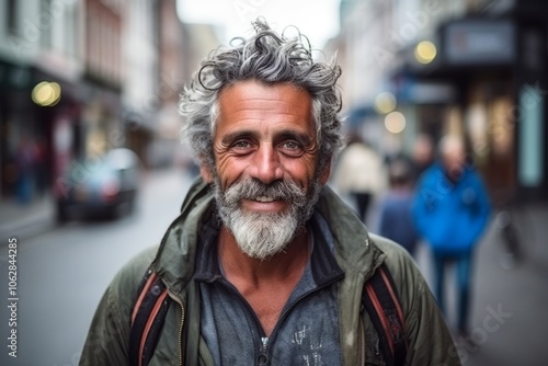 Portrait of a handsome senior man with long grey beard and mustache in the city