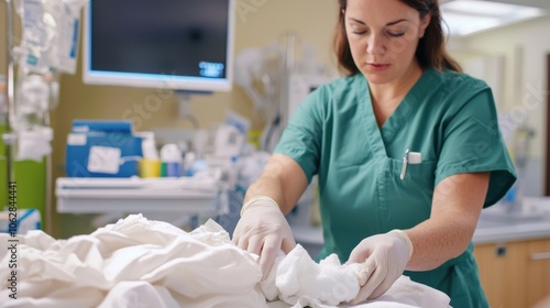 Nurse carefully cleans postsurgical incision with gauze photo