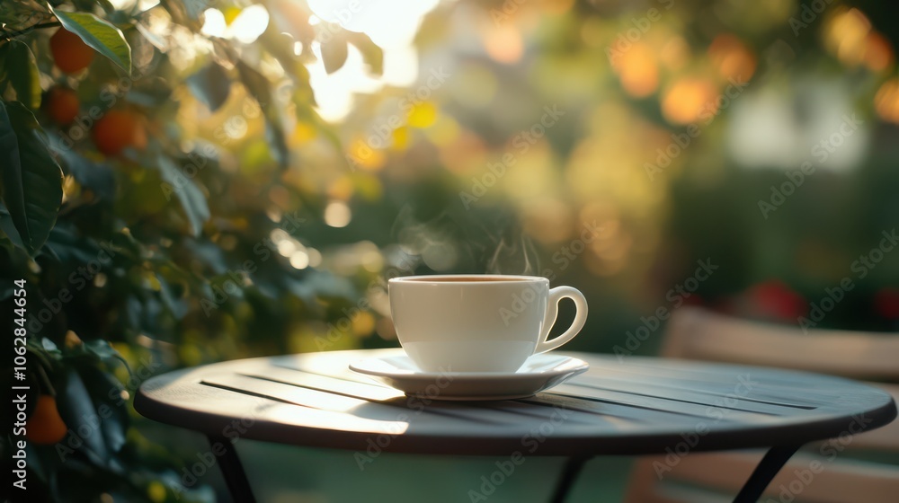 A white cup of coffee on a table in a garden, realistic A white cup of coffee on a table in a garden, realistic