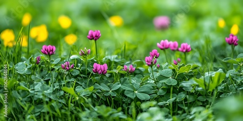 Wallpaper Mural Pink Flowers in Green Grass Illustration Torontodigital.ca