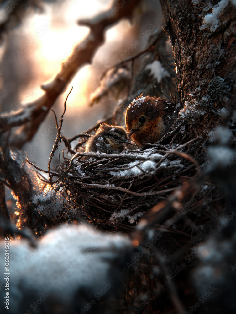 Fototapeta premium In the soft light of dawn, baby birds huddle in their cozy nest, surrounded by twigs and snow, creating a tranquil moment in the wooded landscape.