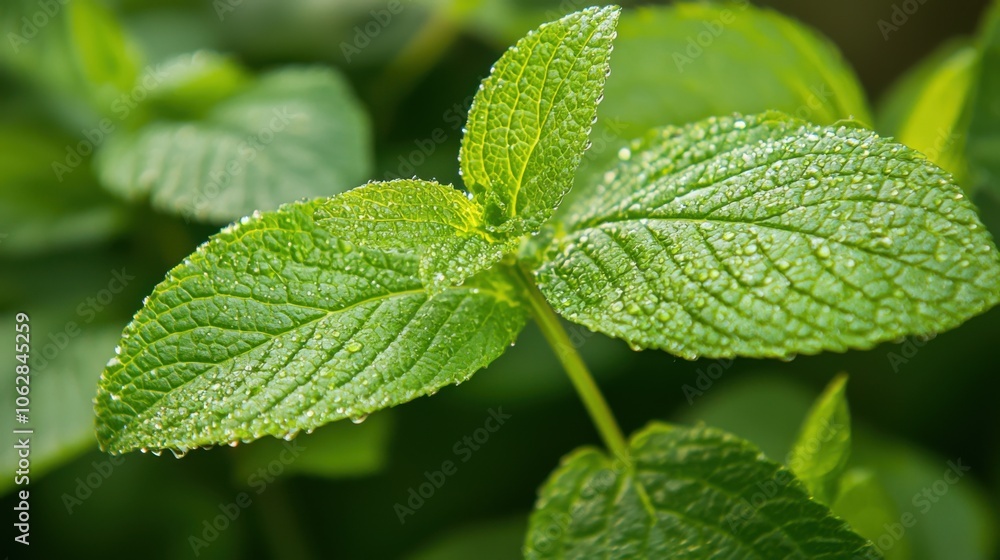 Discover the beauty of dew-drenched herbal leaves in soft focus Discover the beauty of dew-drenched herbal leaves in soft focus