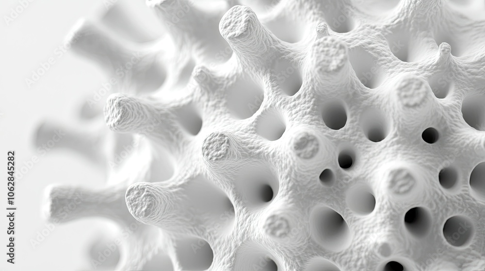 3D virus model, detailed view, isolated on white, round and textured with spiked proteins, close-up of viral structure 3D virus model, detailed view, isolated on white, round and textured with spiked proteins, close-up of viral structure