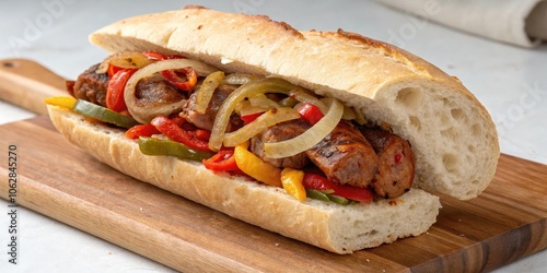 A savory sandwich filled with grilled sausage, sauteed onions and peppers, served on a soft, crusty baguette