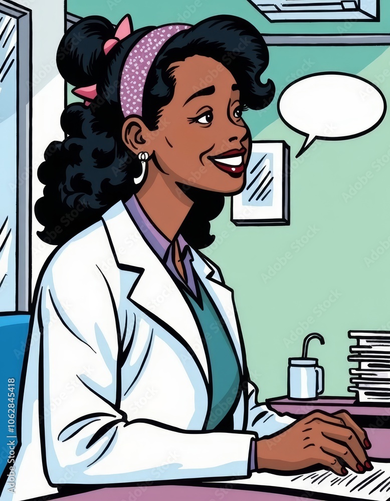 Fototapeta premium Smiling female doctor in office: relaxed woman with speech bubble in pastel interior illustration