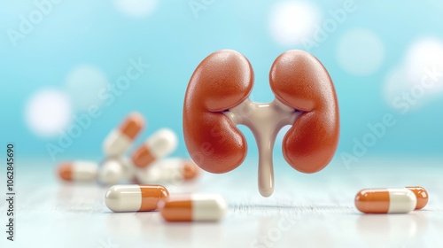 Kidney Health and Medication Concept 3D illustration of kidneys surrounded by capsules, symbolizing the impact of medication on kidney health and renal function photo