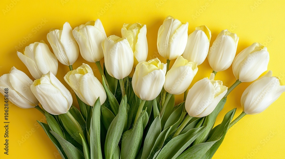 Obraz premium A beautiful bouquet of tulips in yellow and white tones, flat lay on a yellow background with room for text.