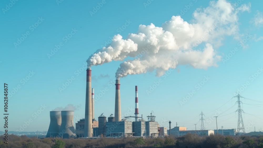 Industrial power plant emitting smoke against clear sky Industrial power plant emitting smoke against clear sky