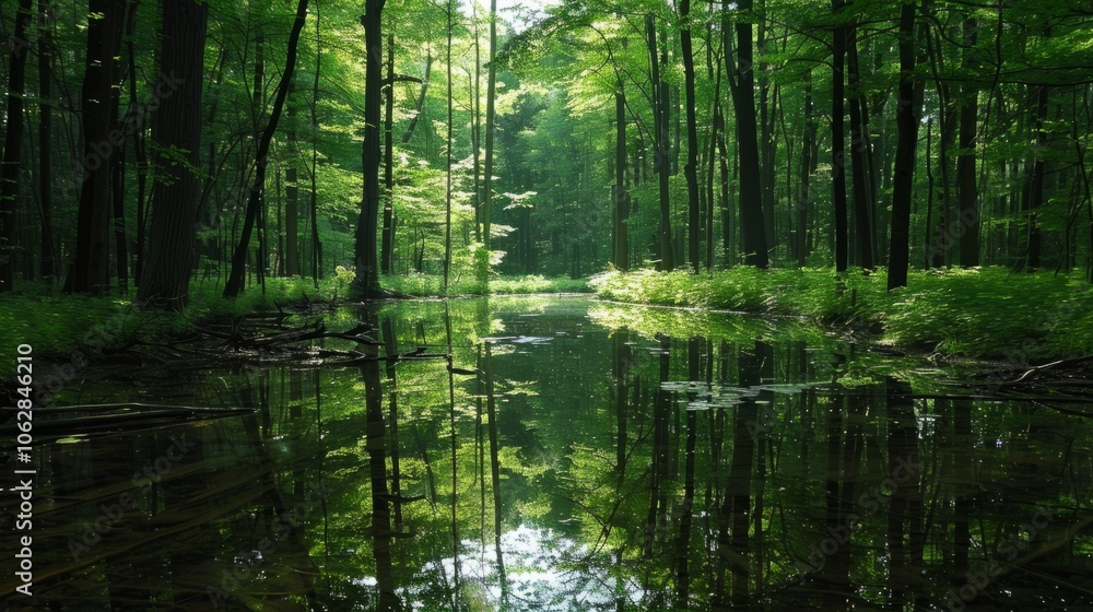 Obraz premium Peaceful moment of reflection captured in a quiet forest