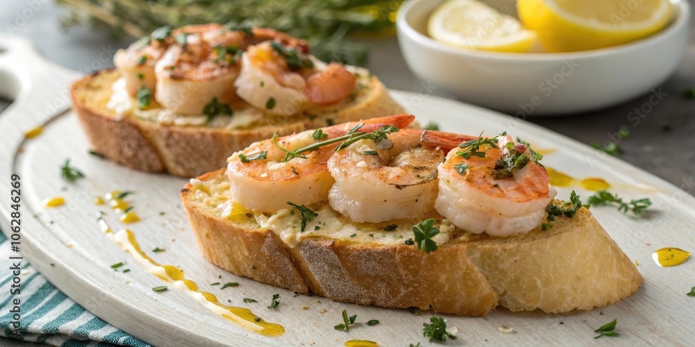 A close-up image of shrimp bruschetta on a white serving board, drizzled with olive oil and garnished with fresh herbs A close-up image of shrimp bruschetta on a white serving board, drizzled with olive oil and garnished with fresh herbs