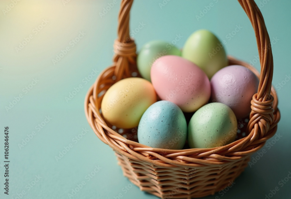 A colorful basket of Easter eggs resting on a table in a spring celebration setting A colorful basket of Easter eggs resting on a table in a spring celebration setting