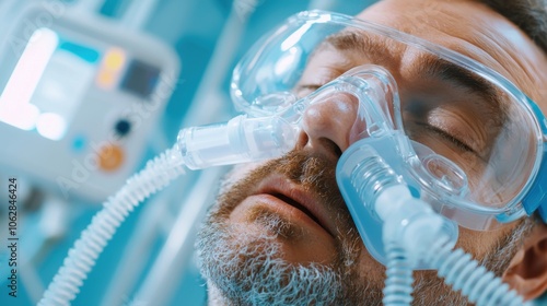 Patient adjusts cpap machine mask for sleep apnea relief photo