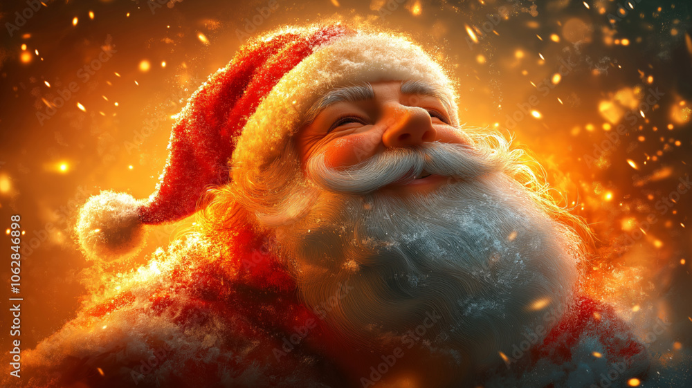 Magical close-up portrait of Santa Claus with glowing warm background, sparkling particles, and detailed white beard, radiating joy and Christmas spirit in digital art style. Magical close-up portrait of Santa Claus with glowing warm background, sparkling particles, and detailed white beard, radiating joy and Christmas spirit in digital art style.