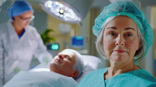 Nurse prepares patient for mri scan with closeup focus on head photo