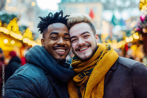 Joyful LGBTQ+ Couple at Holiday Festival