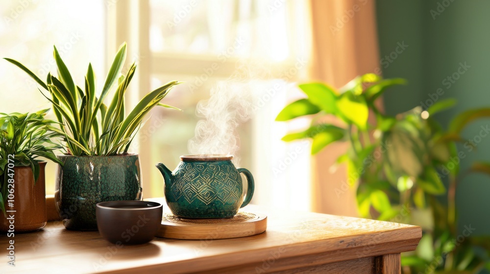 Create a serene space with herbal plants and a steaming cup of tea Create a serene space with herbal plants and a steaming cup of tea