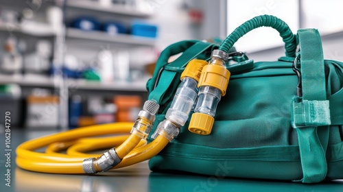 Explore the intricate design of an oxygen mask with rebreather bag a close-up perspective on medical equipment photo