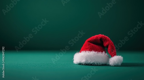 Santa cap positioned flat on a green background, with fluffy details. photo