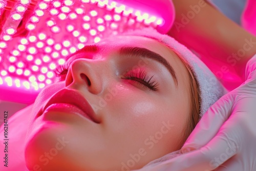 Esthetician applies led light therapy for skin rejuvenation