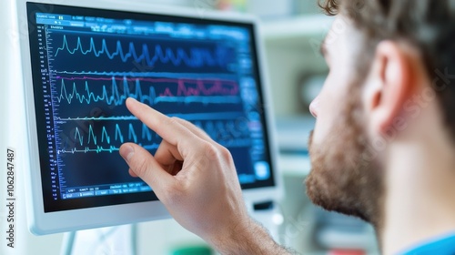 Neurologist analyzes brain waves on eeg monitor to assess patient's neurological health and functioning