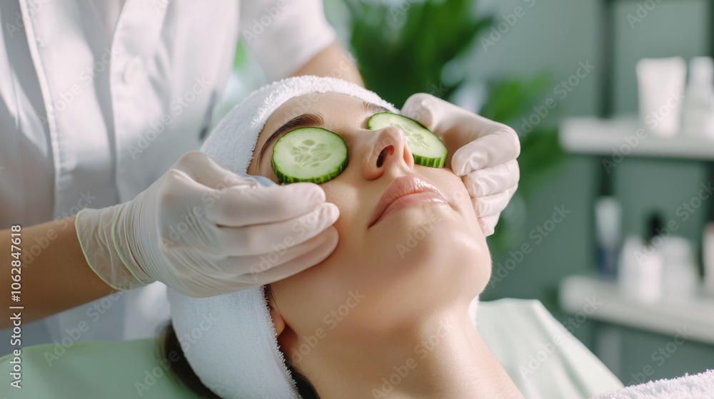 Naklejka premium Skincare expert applies cucumber slices for eye refreshment