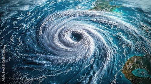 Aerial view of a powerful hurricane swirling over the ocean waters.