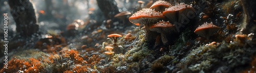 A cluster of orange mushrooms growing on a mossy forest floor photo