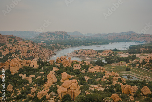 Photography View of mountains and Tungabhadra river in Hampi, India