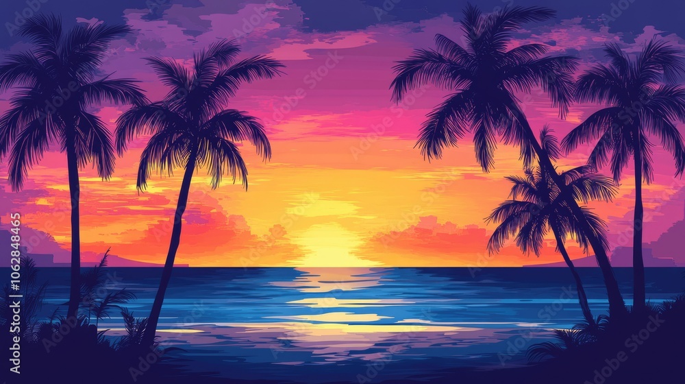 A calm beach scene with silhouetted palm trees standing tall against a deep, colorful sunset sky, creating a peaceful evening atmosphere. A calm beach scene with silhouetted palm trees standing tall against a deep, colorful sunset sky, creating a peaceful evening atmosphere.