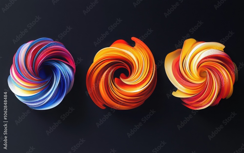 An engaging infographic layout with three bright swirling shapes in varying hues, artistically arranged on a sleek black backdrop An engaging infographic layout with three bright swirling shapes in varying hues, artistically arranged on a sleek black backdrop