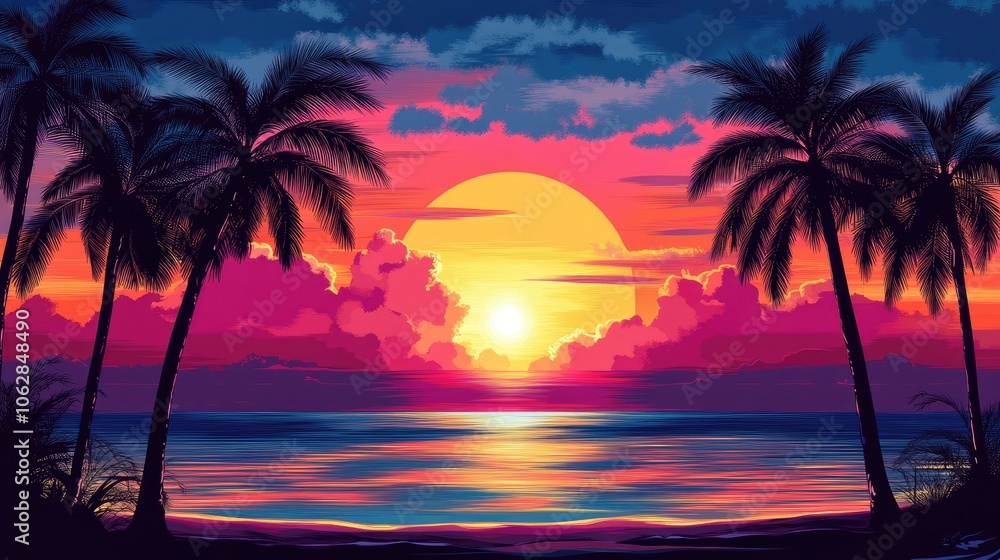 Fototapeta premium A calm beach scene with silhouetted palm trees standing tall against a deep, colorful sunset sky, creating a peaceful evening atmosphere.