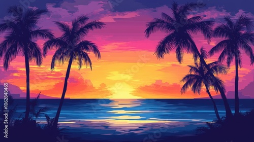 A calm beach scene with silhouetted palm trees standing tall against a deep, colorful sunset sky, creating a peaceful evening atmosphere.