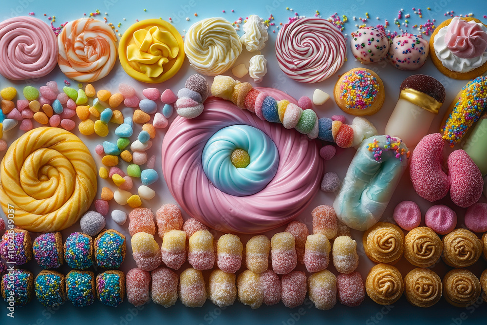 Explore a vibrant overhead display of artistic sweets, featuring a delightful array of colorful candies, desserts, and playful treats arranged in a visually appealing pattern. Explore a vibrant overhead display of artistic sweets, featuring a delightful array of colorful candies, desserts, and playful treats arranged in a visually appealing pattern.