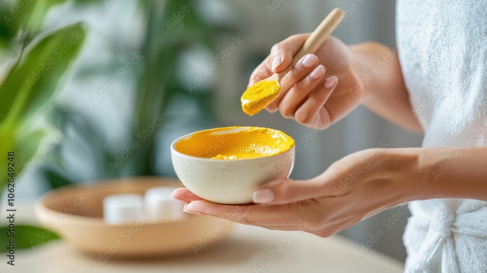 Skincare professional applies natural turmeric and honey mask Skincare professional applies natural turmeric and honey mask