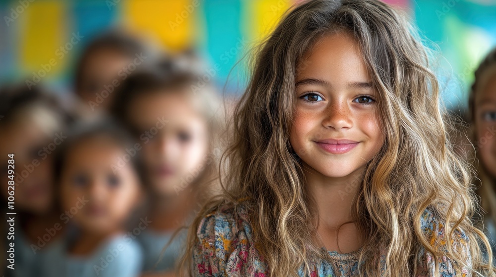 Fototapeta premium A smiling girl in the foreground with other children blurred behind.