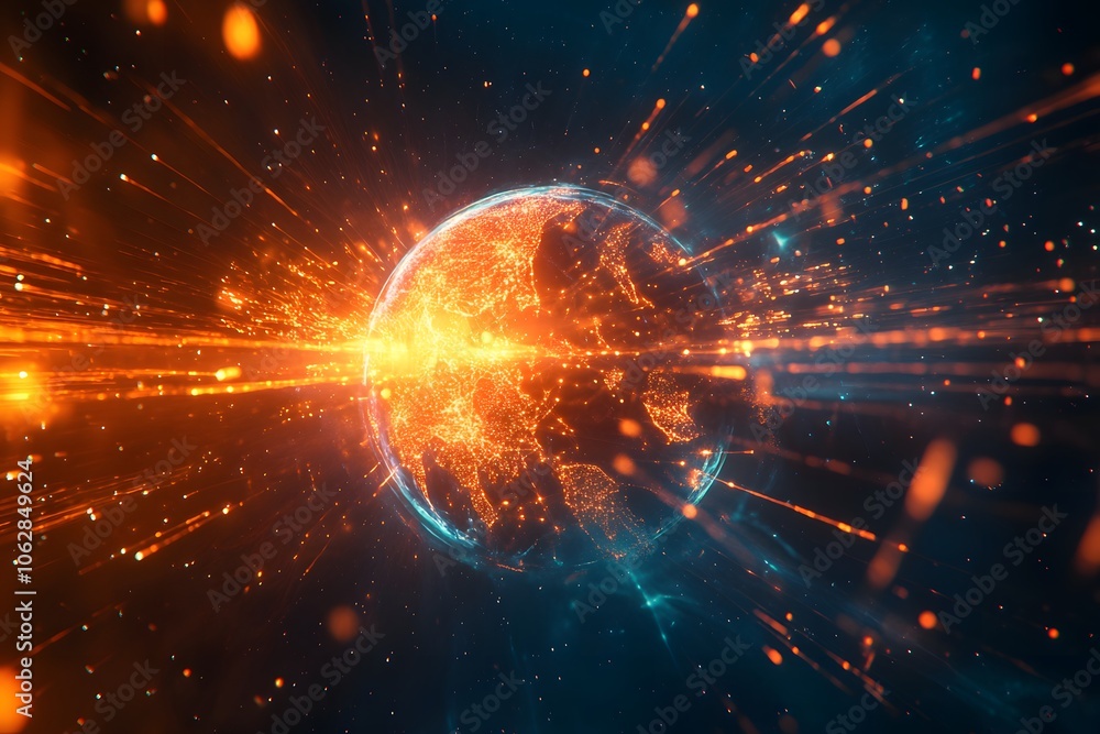 Obraz premium Best Internet Concept. Globe, glowing lines on technological background. Electronics, Wi-Fi, rays, symbols Internet, television, mobile and satellite communications. Technology 3D illustration 