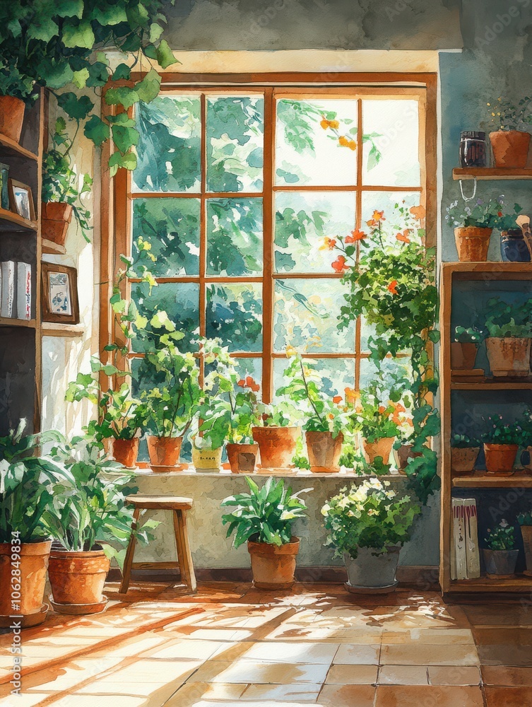 watercolor illustration, a room with plants, sunlight, nature style, anime style watercolor illustration, a room with plants, sunlight, nature style, anime style