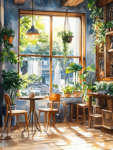 Wallpaper Mural watercolor illustration, coffee shop with plants, sunlight, nature style, anime style, slot design  Torontodigital.ca