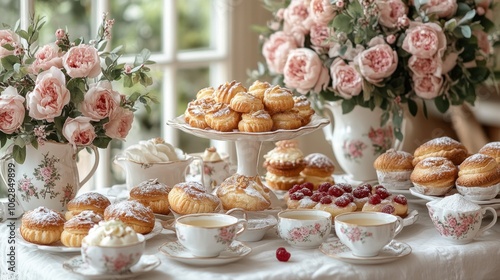 Wallpaper Mural A delightful spread of pastries and tea with floral arrangements. Torontodigital.ca
