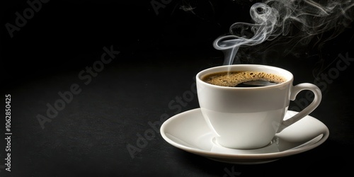 A steaming cup of coffee, a simple pleasure in a white ceramic mug, sits on a saucer against a dark background, inviting a moment of warmth and relaxation.