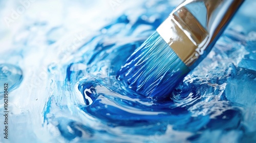 A close-up of an art brush soaking in water, with blue paint blending into the liquid, creating an abstract effect, on a white background. photo