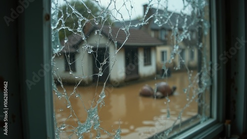 Flooded neighborhood seen through broken window on a rainy day